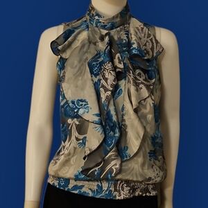 Vtg DRESSBARN Gray Blue Floral Satin High Neck Ruffle Jabot Sleeveless Blouse